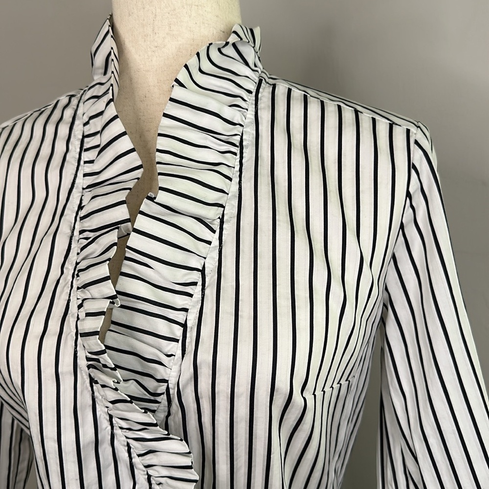Per Se Women's Black & White Stripe Ruffle Trim Wrap Blouse - Picture 2 of 5